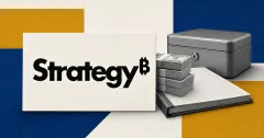 Official Strategy wordmark on a large white document plaque beside a greyscale cash-reserve ledger, banknote bundles and locked cash box on blue and gold editorial panels.