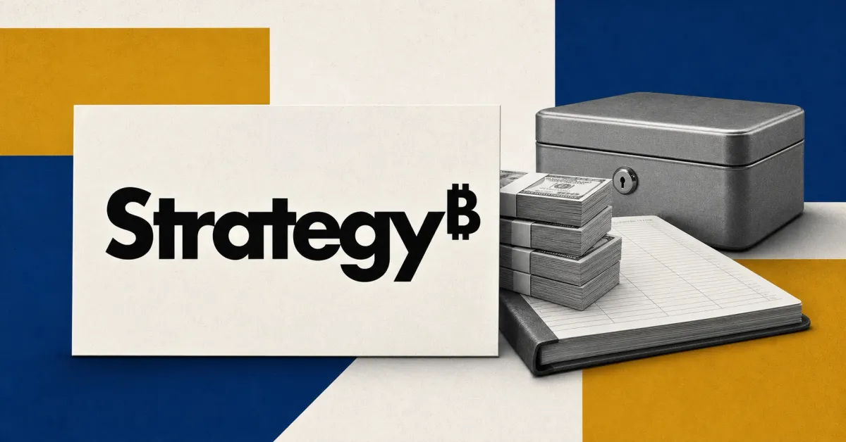 Official Strategy wordmark on a large white document plaque beside a greyscale cash-reserve ledger, banknote bundles and locked cash box on blue and gold editorial panels.