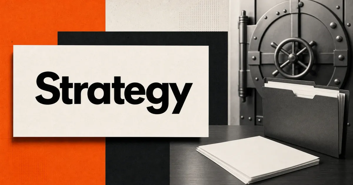 Official black Strategy wordmark on a prominent off-white card beside a greyscale unbranded treasury filing folder and bank-vault door on orange and charcoal editorial panels.