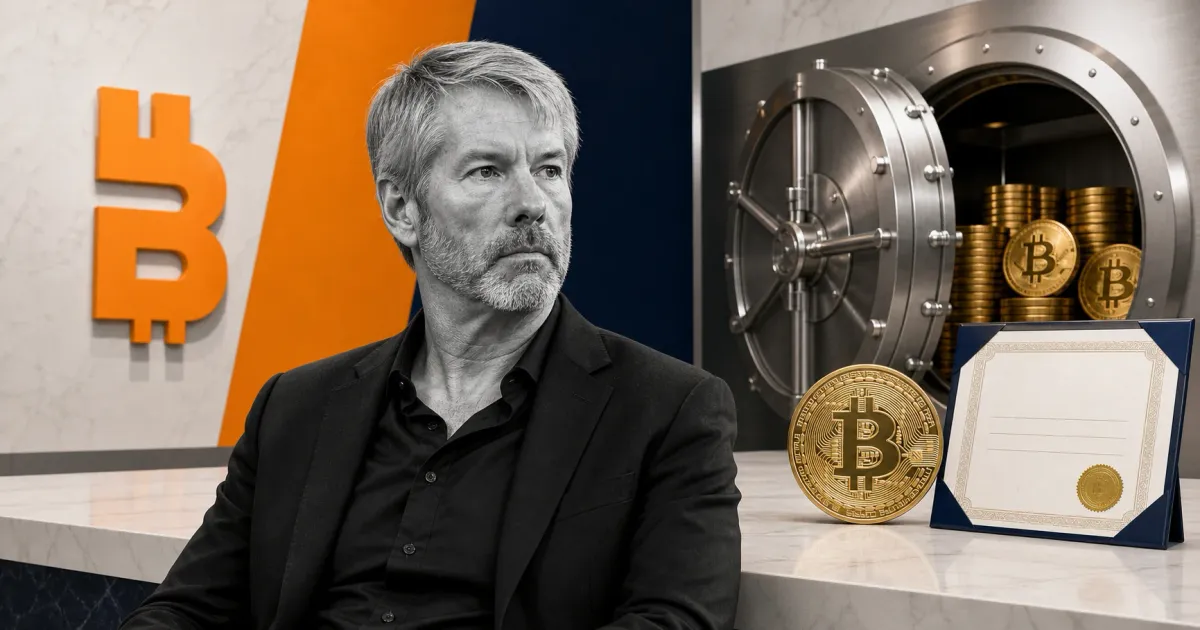 Greyscale Michael Saylor beside a large Bitcoin coin, treasury ledger and preferred-stock certificates on orange and blue editorial panels.