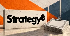 Large official black Strategy wordmark with its integral raised B on an off-white stone desk sign beside a smaller unbranded greyscale share-certificate bundle and plain steel clip, against orange and slate-blue panels.