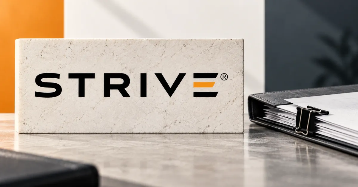 Large official black and orange STRIVE wordmark on an off-white stone desk sign beside an unbranded greyscale treasury folio with blank papers and a binder clip, against orange and charcoal panels.