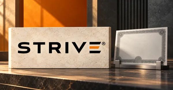 Large official black and orange STRIVE wordmark on an ivory limestone desk sign beside a smaller unbranded greyscale share certificate in a steel holder, against orange and dark slate architectural panels.
