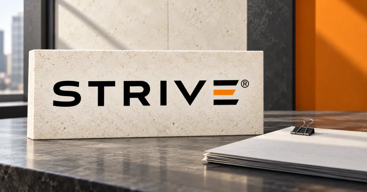 Large official black and orange STRIVE wordmark on an upright off-white limestone desk sign beside unbranded greyscale blank documents and a steel binder clip, against orange and charcoal architectural panels.