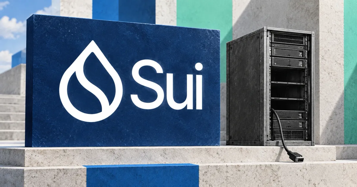 One large official white Sui droplet and Sui wordmark on a navy stone sign beside an unbranded greyscale server cabinet with empty drive bays and a disconnected cable, against off-white stone, blue and mint architectural panels.