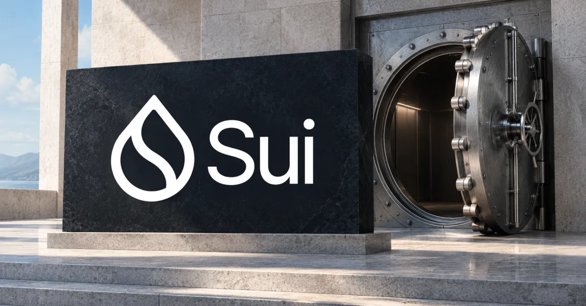 One large official white Sui droplet emblem and Sui wordmark on a charcoal stone sign beside an unbranded greyscale open steel vault door, against off-white stone architecture and a blue sky.