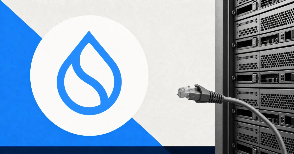 Large official blue Sui droplet mark on a white circular panel beside a greyscale server rack disconnecting from a legacy network cable, representing Sui's JSON-RPC shutdown.
