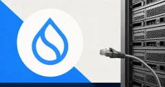Large official blue Sui droplet mark on a white circular panel beside a greyscale server rack disconnecting from a legacy network cable, representing Sui's JSON-RPC shutdown.