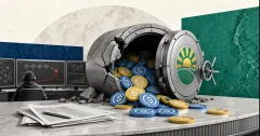 Greyscale Summer.fi DeFi vault cracked open with DAI and USDC stablecoin tokens spilling onto a financial news desk beside a blockchain security monitoring console.