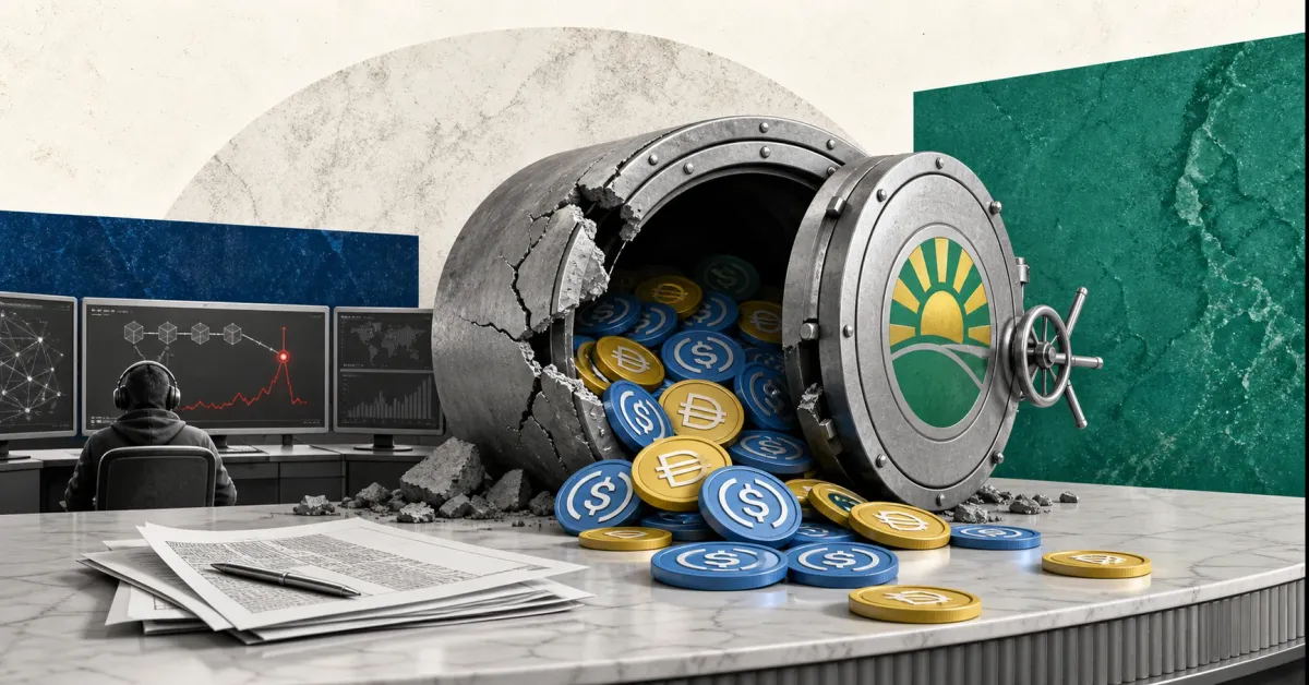 Greyscale Summer.fi DeFi vault cracked open with DAI and USDC stablecoin tokens spilling onto a financial news desk beside a blockchain security monitoring console.