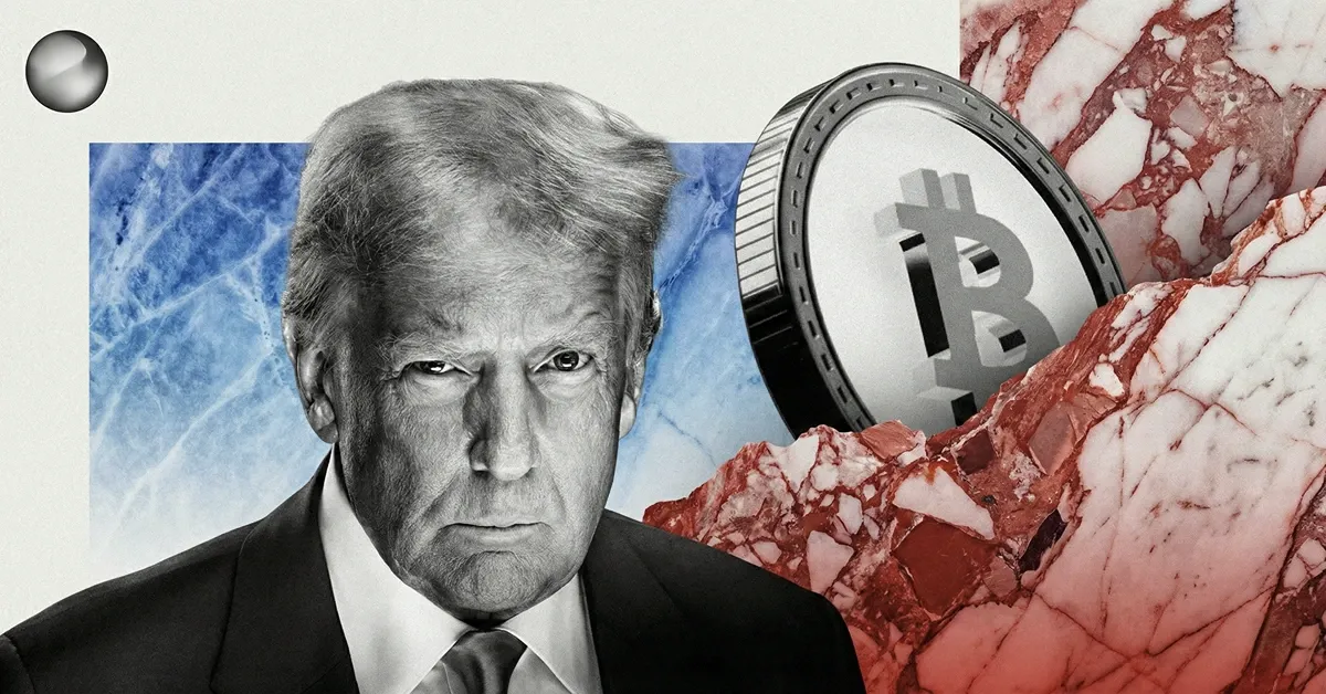Donald Trump portrait with a large Bitcoin coin and red-blue abstract background, symbolizing U.S. political impact on Bitcoin and cryptocurrency markets