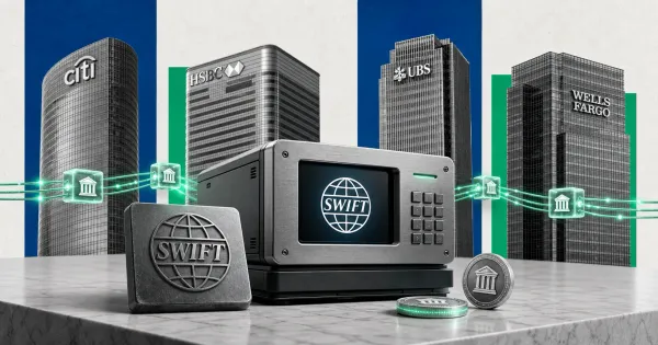 Greyscale Swift banking network terminal with Citi, HSBC, UBS and Wells Fargo style bank towers connected to tokenized-deposit rails on blue, green and off-white editorial panels.