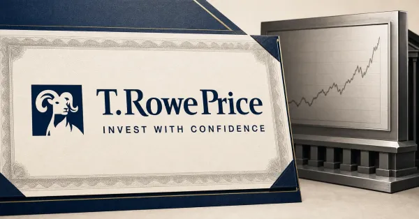 Official T. Rowe Price bighorn sheep logo and wordmark displayed prominently on an investment certificate beside a greyscale market board, representing the TKNZ active crypto ETF launch.