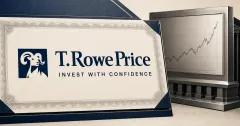 Official T. Rowe Price bighorn sheep logo and wordmark displayed prominently on an investment certificate beside a greyscale market board, representing the TKNZ active crypto ETF launch.
