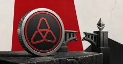 Greyscale Taiko token beside a broken bridge topped by the Ethereum symbol on red, charcoal and stone editorial panels.