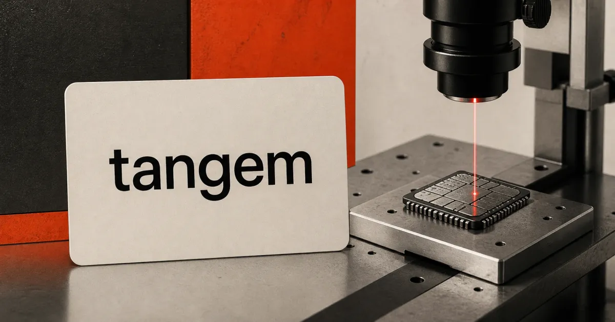 Official black Tangem wordmark on a large off-white hardware-wallet card beside an unbranded greyscale chip under a red laboratory laser beam.
