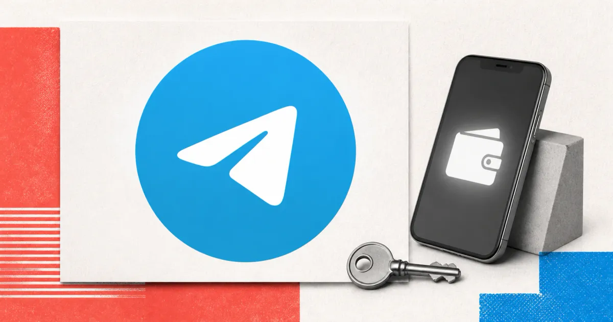 Official blue Telegram paper-plane logo on a white card beside a greyscale unbranded smartphone displaying a wallet silhouette and a metal key against coral and blue editorial panels