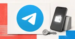 Official blue Telegram paper-plane logo on a white card beside a greyscale unbranded smartphone displaying a wallet silhouette and a metal key against coral and blue editorial panels