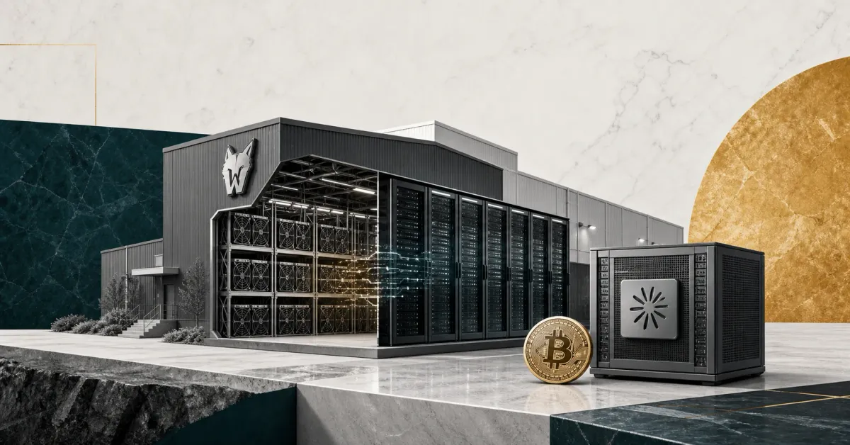 Greyscale TeraWulf-style data center with Bitcoin mining rigs transitioning into AI server racks, plus an Anthropic-style AI server object on teal and amber editorial panels.