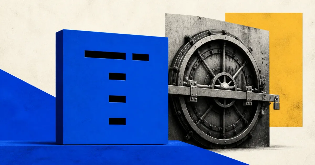 Large official Term Finance blue square mark on a cobalt plaque beside a greyscale unbranded DeFi vault door that is being permanently sealed, on off-white, blue and amber editorial panels.