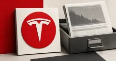 A large white Tesla T on a red circular plaque beside a greyscale quarterly financial report with a falling chart in a metal file drawer.