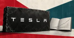 A large official white TESLA wordmark on a charcoal stone sign beside a smaller unbranded greyscale open financial ledger with a rising chart, against off-white, crimson and petrol teal panels.