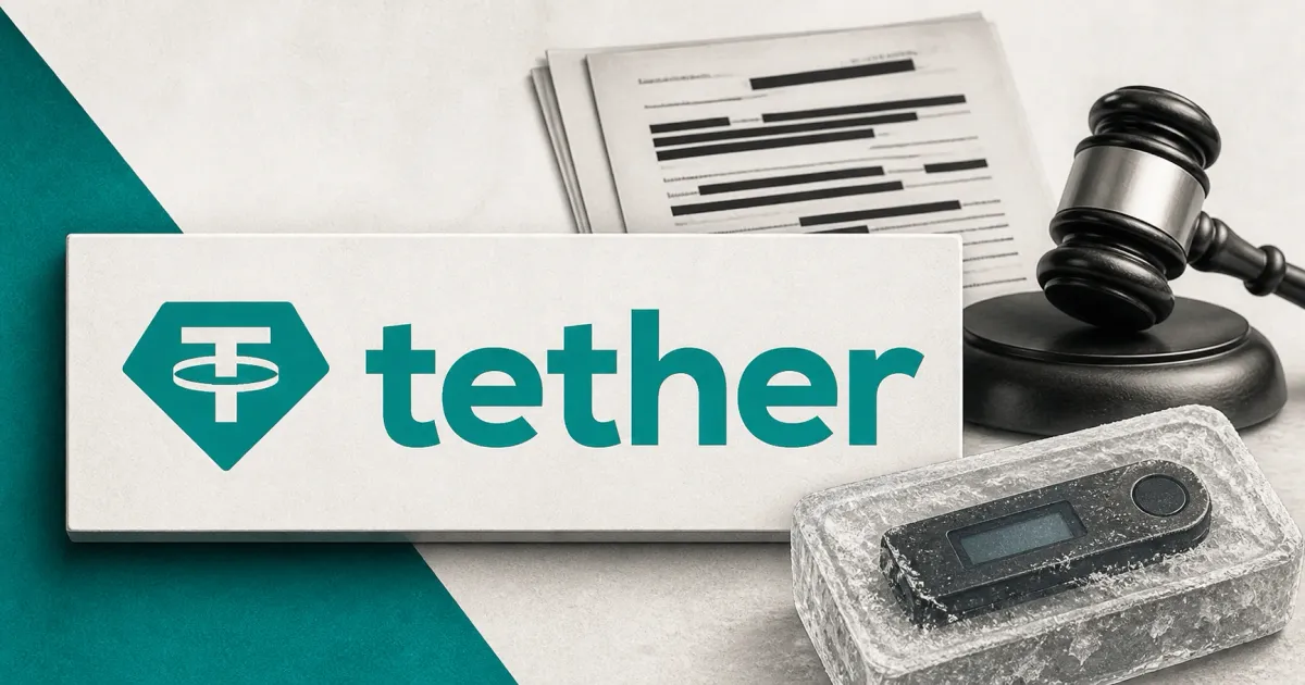 Large official green Tether wordmark beside a greyscale court complaint, gavel and frozen unbranded wallet on off-white and deep-green editorial panels.