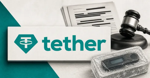 Large official green Tether wordmark beside a greyscale court complaint, gavel and frozen unbranded wallet on off-white and deep-green editorial panels.