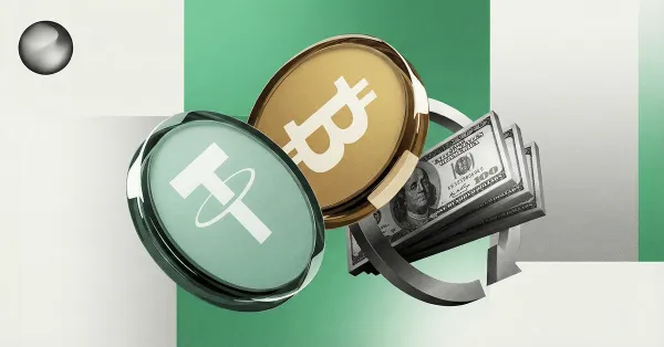 Tether logo beside a Bitcoin coin and U.S. Treasury bills, illustrating reserve allocation from T-bills into bitcoin