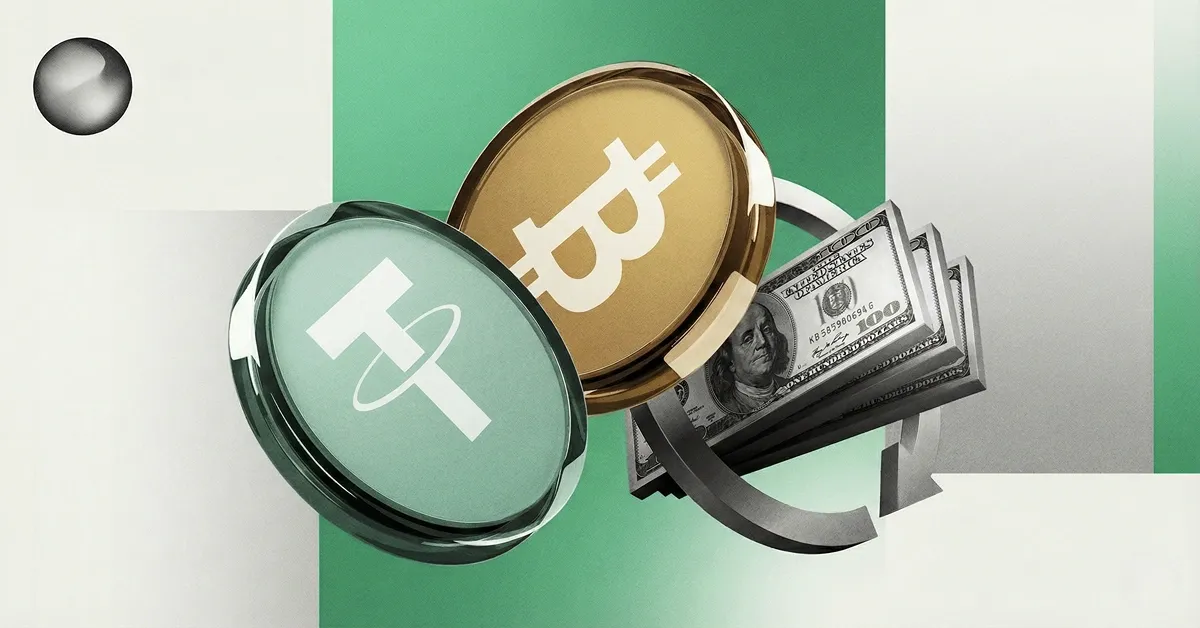 Tether logo beside a Bitcoin coin and U.S. Treasury bills, illustrating reserve allocation from T-bills into bitcoin