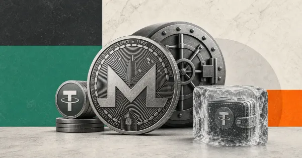 Greyscale Monero coin, Tether token stack and frozen USDT wallet on green, orange and charcoal editorial panels for a stablecoin freeze story
