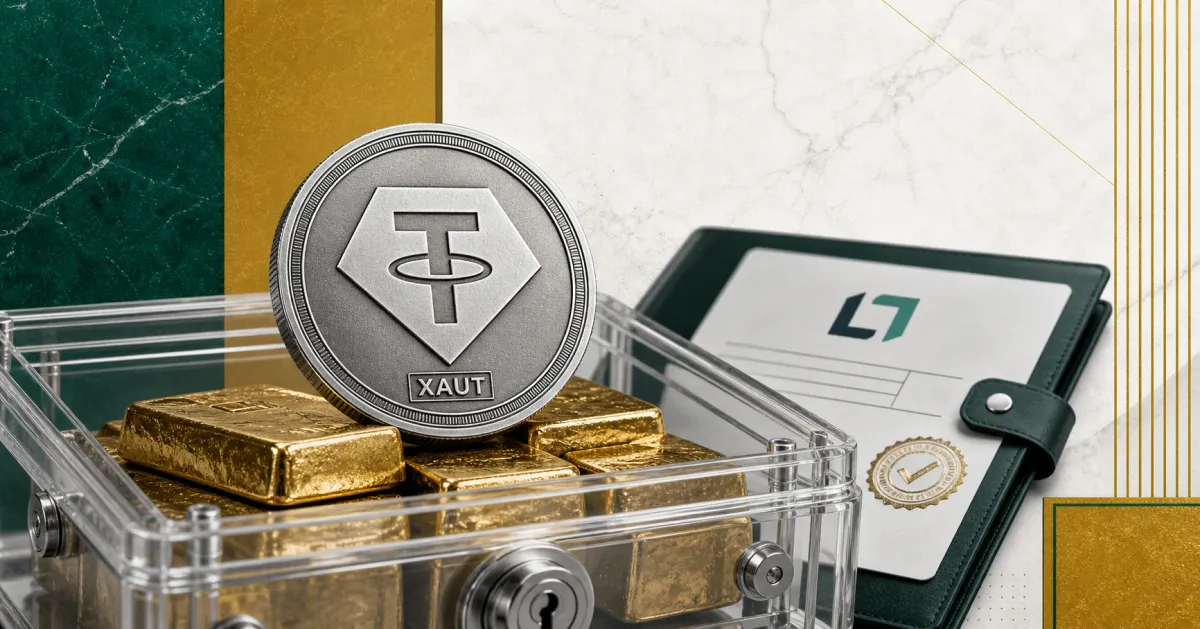 Greyscale Tether Gold XAUT token and gold bars in a collateral tray beside a Ledn-style lending folder on green and gold editorial panels.