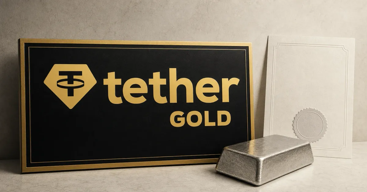 Large official gold-and-black Tether Gold wordmark on a black plaque beside a greyscale bullion bar and a blank certification document.