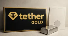 Large official gold-and-black Tether Gold wordmark on a black plaque beside a greyscale bullion bar and a blank certification document.
