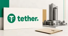 Large official green Tether logo on a white architectural plaque beside a greyscale Saudi high-rise building model and property deed on green, sand and charcoal editorial panels.