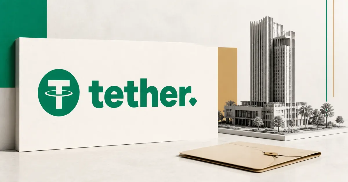 Large official green Tether logo on a white architectural plaque beside a greyscale Saudi high-rise building model and property deed on green, sand and charcoal editorial panels.