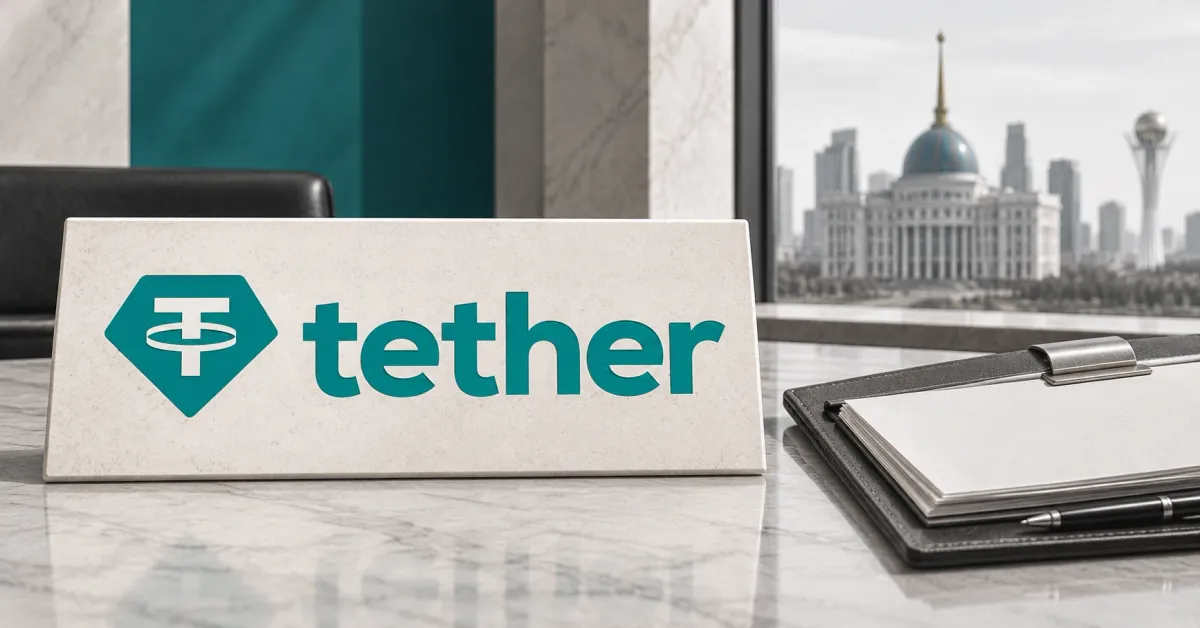 One large official aqua Tether emblem and lowercase tether wordmark on an off-white desk sign beside an unbranded greyscale proposal folio, blank papers, metal clasp and pen, with aqua and charcoal panels and an illustrative Kazakhstan government skyline behind.