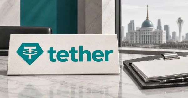 One large official aqua Tether emblem and lowercase tether wordmark on an off-white desk sign beside an unbranded greyscale proposal folio, blank papers, metal clasp and pen, with aqua and charcoal panels and an illustrative Kazakhstan government skyline behind.