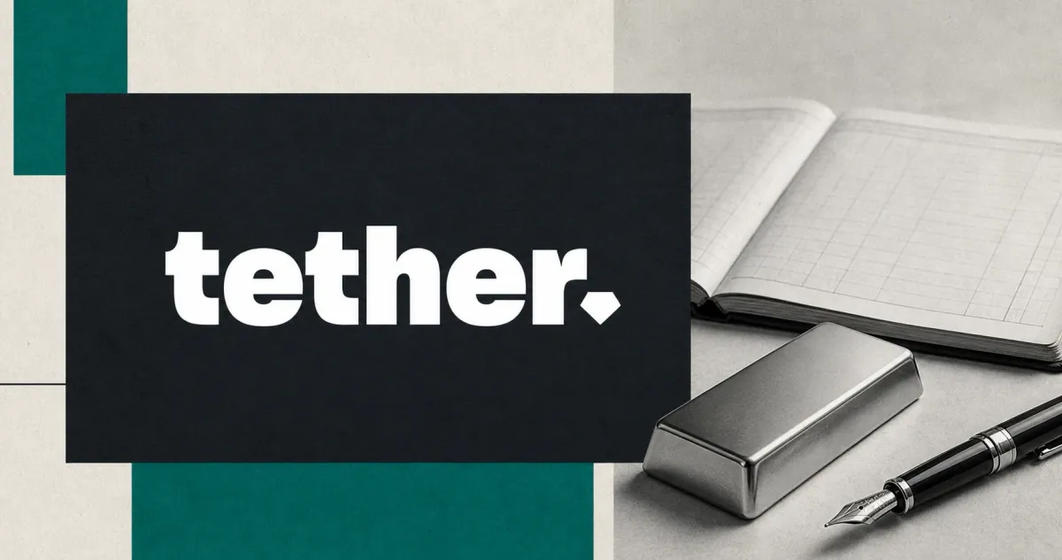 Large official white Tether wordmark on a charcoal plaque beside a greyscale open audit ledger, unbranded gold bar and fountain pen on off-white and deep-teal editorial panels.
