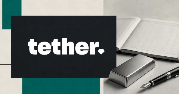 Large official white Tether wordmark on a charcoal plaque beside a greyscale open audit ledger, unbranded gold bar and fountain pen on off-white and deep-teal editorial panels.