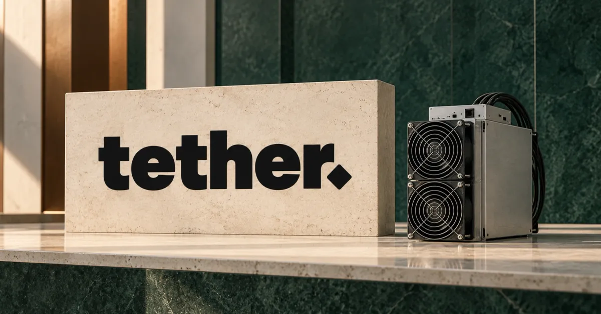 One large official black tether wordmark on an ivory stone sign beside a smaller unbranded greyscale mining machine with two cooling fans and a cable, against green and copper panels.