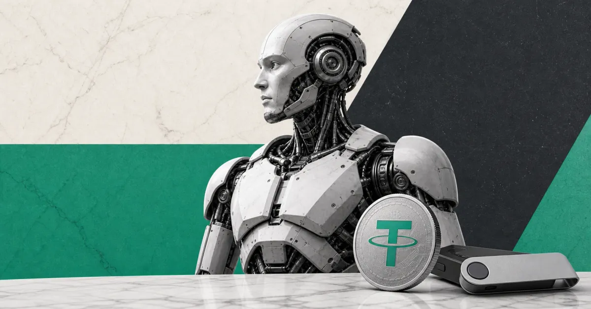 Greyscale humanoid robot beside a Tether token and wallet device on green and graphite editorial panels representing Tether's NEURA Robotics investment.
