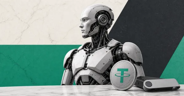 Greyscale humanoid robot beside a Tether token and wallet device on green and graphite editorial panels representing Tether's NEURA Robotics investment.