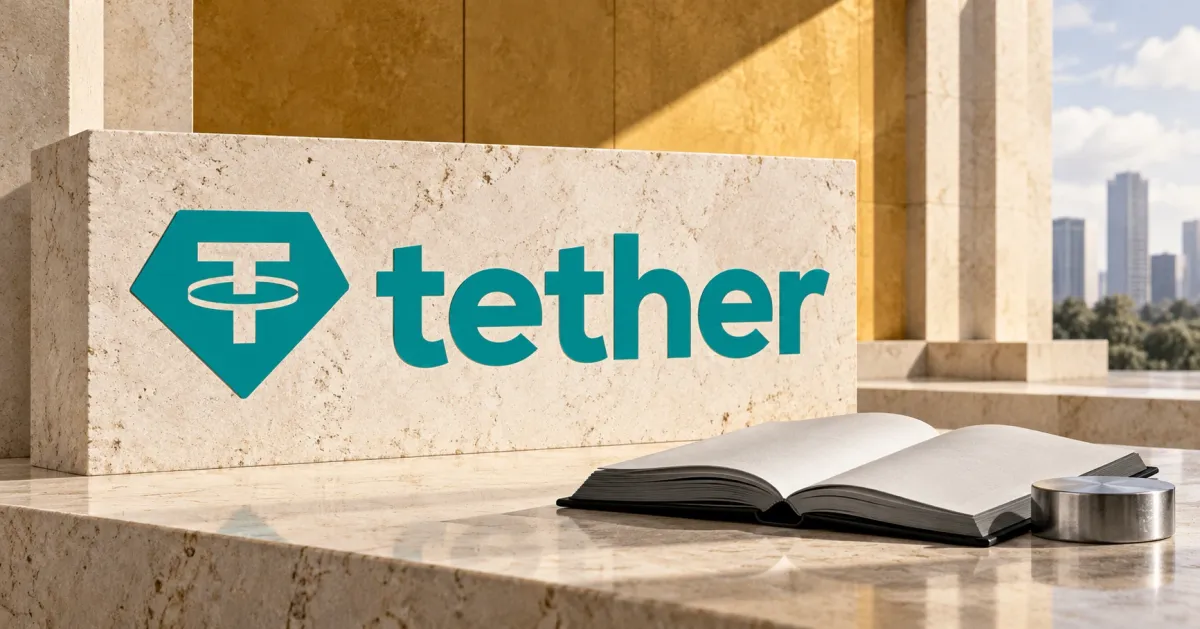 Large official aqua Tether emblem and lowercase wordmark on an ivory limestone sign beside an unbranded greyscale open reserve ledger and metal paperweight, against ochre architectural panels.