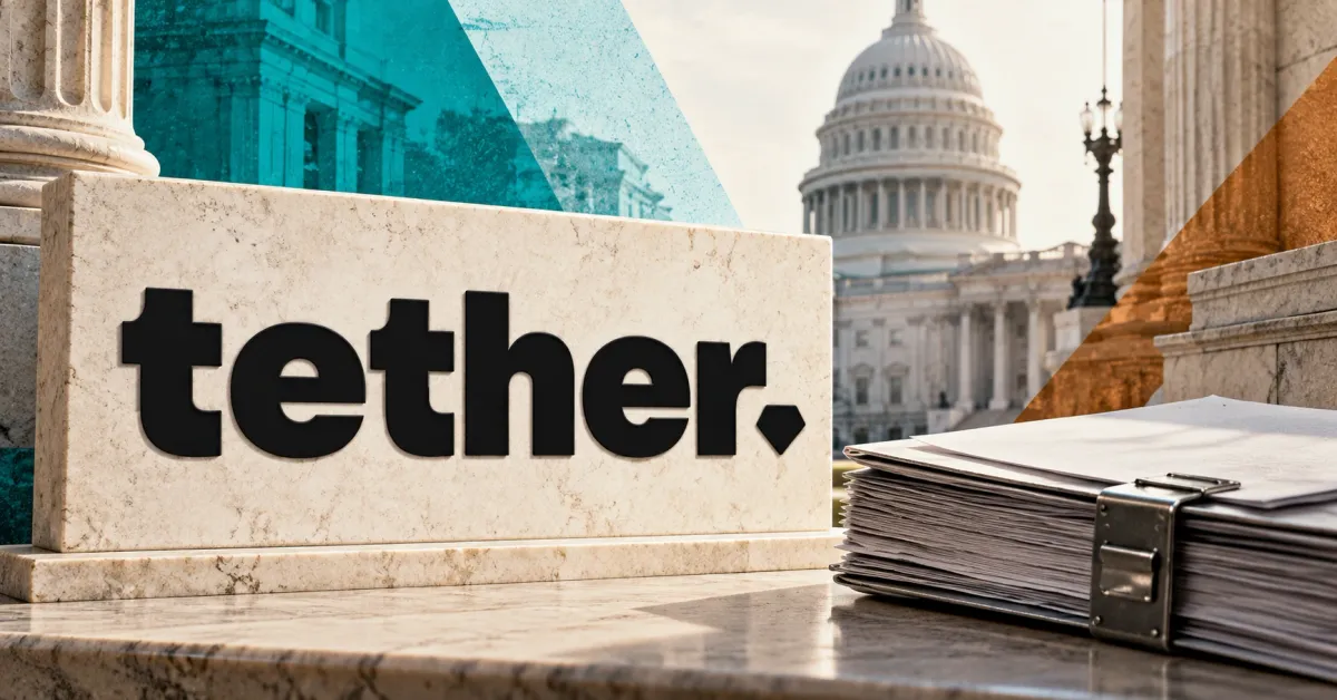 One large official black lowercase Tether wordmark with terminal diamond on an ivory stone sign, beside an unbranded greyscale records folder with a steel clasp and the Capitol behind, against teal and copper panels.