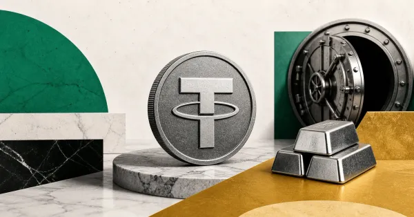 Greyscale Tether coin and gold bars on green and gold editorial panels, representing Tether winding down Alloy and aUSDT.
