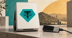 One large official teal Tether USDT token mark with a black T and elliptical bar on an off-white payment terminal beside an unbranded greyscale hardware wallet and cable on a stone desk, against teal and ochre panels and a distant cityscape.