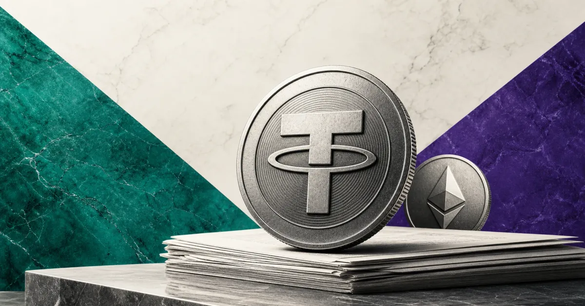 Greyscale Tether USDt coin in front of a smaller Ethereum token on teal and violet editorial marble panels.