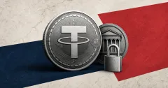 Greyscale Tether USDT coin, Treasury building and padlock on a navy and red marble news-poster background, illustrating a USDT wallet freeze.