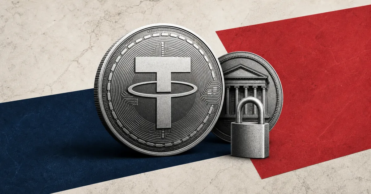 Greyscale Tether USDT coin, Treasury building and padlock on a navy and red marble news-poster background, illustrating a USDT wallet freeze.